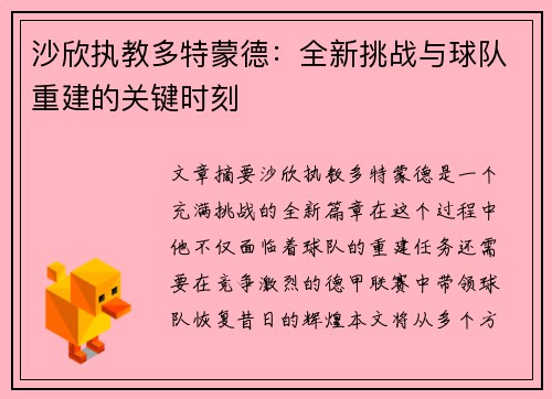 沙欣执教多特蒙德:全新挑战与球队重建的关键时刻 沙欣执教多特蒙德:全新挑战与球队重建的关键时刻